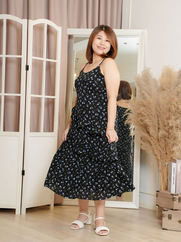 CATERINA Sleeveless Black Blue Floral Dress
