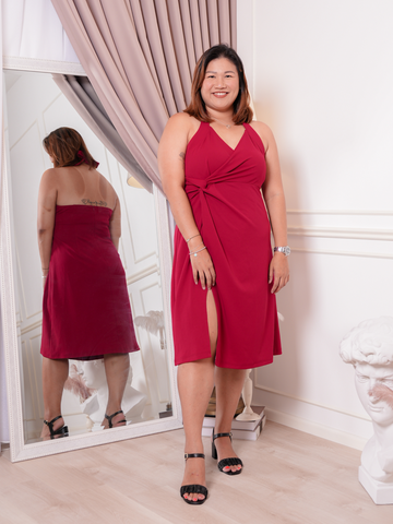 EVANGELINE Halter Wine Red Front Twist Side Slit Dress
