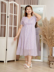 EVOLET Purple Chiffon Floral Midi Dress