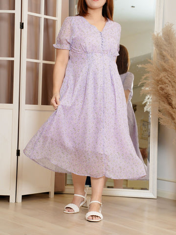 EVOLET Purple Chiffon Floral Midi Dress