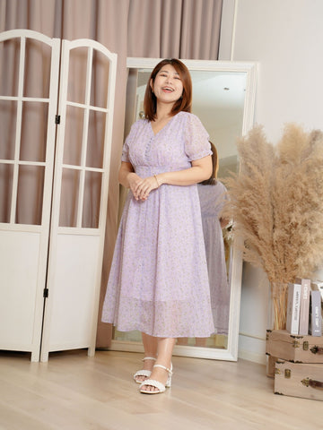 EVOLET Purple Chiffon Floral Midi Dress