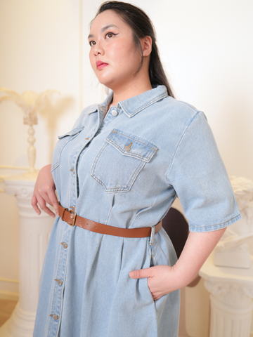SKYE Lapel Denim Button Front Maxi Dress With Belt