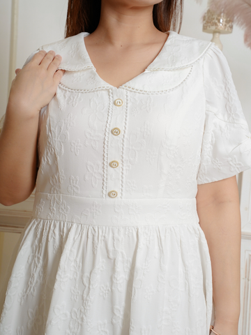 VEVINA Double Collar White Jacquard Short Dress