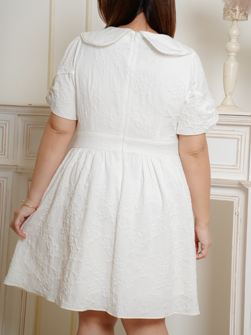 VEVINA Double Collar White Jacquard Short Dress