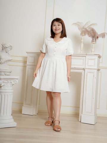 VEVINA Double Collar White Jacquard Short Dress