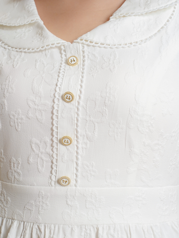 VEVINA Double Collar White Jacquard Short Dress