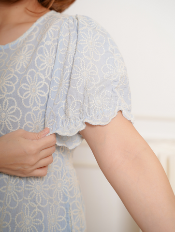 ISABELLE Puff Sleeve Sweet Blue Floral Embroidery Dress