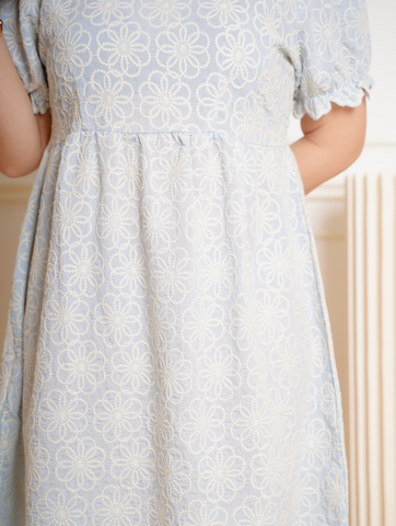 ISABELLE Puff Sleeve Sweet Blue Floral Embroidery Dress