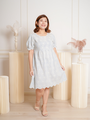 ISABELLE Puff Sleeve Sweet Blue Floral Embroidery Dress