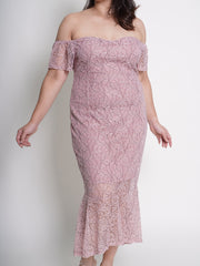 MONROE Off Shoulder Romantic Pink Lace Ruffle Hem Dress