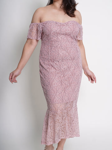 MONROE Off Shoulder Romantic Pink Lace Ruffle Hem Dress