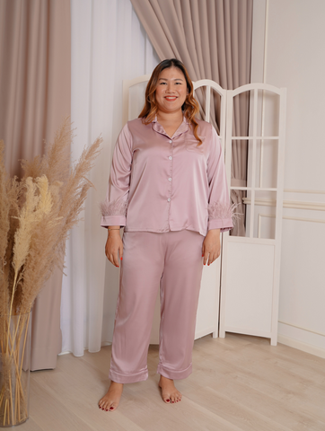 FRANCIS Solid Fuzzy Cuff Lapel Neck Satin PJ Set