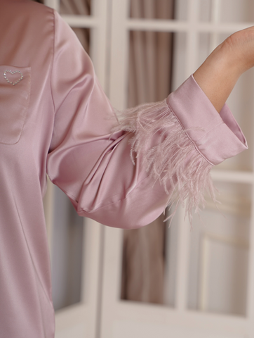 FRANCIS Solid Fuzzy Cuff Lapel Neck Satin PJ Set