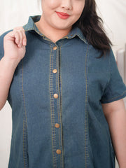 JUDY Button Front Flare Hem A-Line Denim Dress