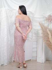 MONROE Off Shoulder Romantic Pink Lace Ruffle Hem Dress
