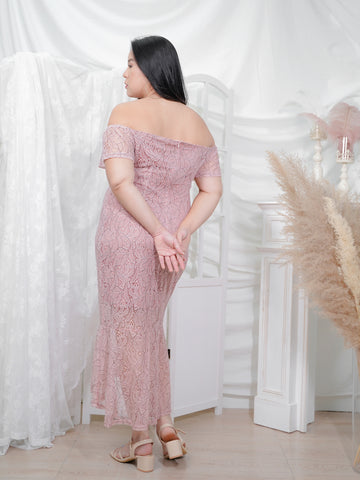 MONROE Off Shoulder Romantic Pink Lace Ruffle Hem Dress