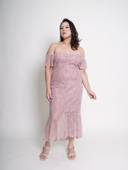 MONROE Off Shoulder Romantic Pink Lace Ruffle Hem Dress
