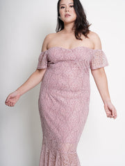 MONROE Off Shoulder Romantic Pink Lace Ruffle Hem Dress
