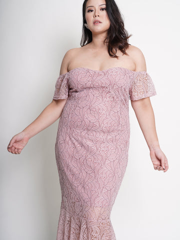 MONROE Off Shoulder Romantic Pink Lace Ruffle Hem Dress