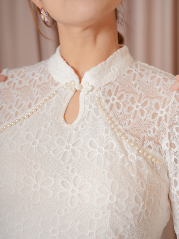 YUNA White Eyelet Lacey Cheongsam Qipao