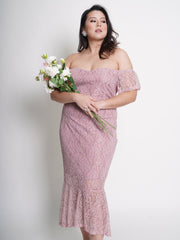 MONROE Off Shoulder Romantic Pink Lace Ruffle Hem Dress