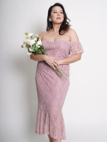 MONROE Off Shoulder Romantic Pink Lace Ruffle Hem Dress