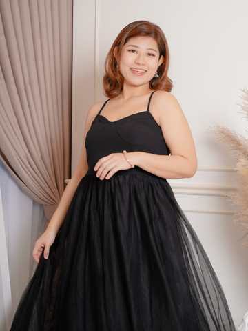 JENNA Sleeveless Tulle Mesh Black Dinner Dress