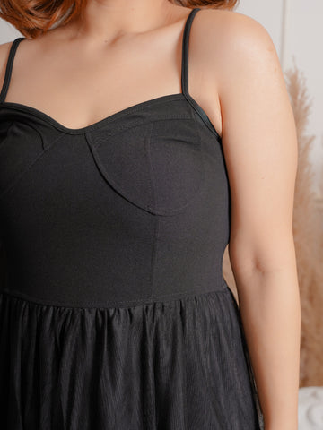 JENNA Sleeveless Tulle Mesh Black Dinner Dress
