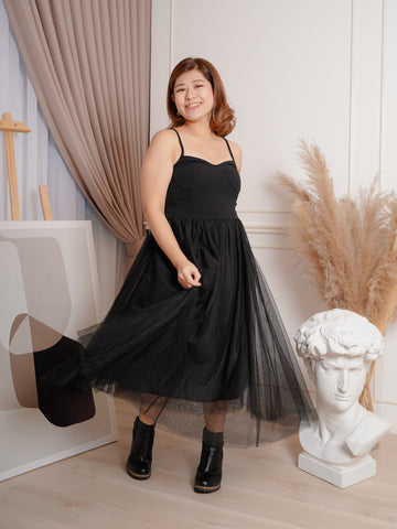 JENNA Sleeveless Tulle Mesh Black Dinner Dress