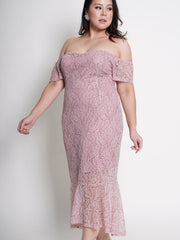 MONROE Off Shoulder Romantic Pink Lace Ruffle Hem Dress