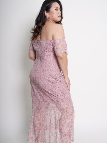 MONROE Off Shoulder Romantic Pink Lace Ruffle Hem Dress