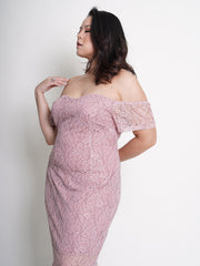 MONROE Off Shoulder Romantic Pink Lace Ruffle Hem Dress