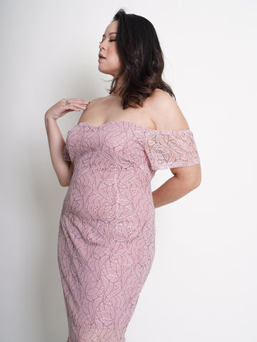 MONROE Off Shoulder Romantic Pink Lace Ruffle Hem Dress