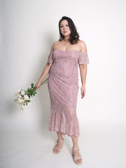 MONROE Off Shoulder Romantic Pink Lace Ruffle Hem Dress