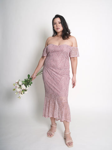 MONROE Off Shoulder Romantic Pink Lace Ruffle Hem Dress