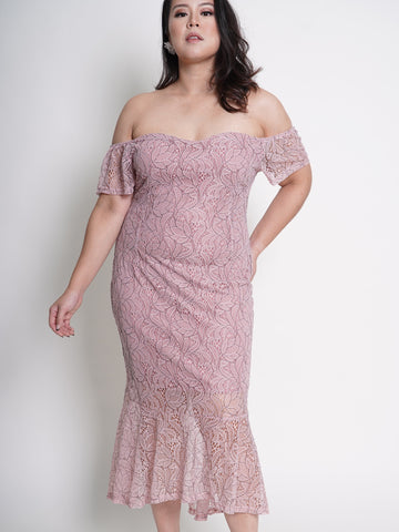 MONROE Off Shoulder Romantic Pink Lace Ruffle Hem Dress