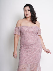 MONROE Off Shoulder Romantic Pink Lace Ruffle Hem Dress