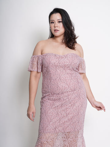MONROE Off Shoulder Romantic Pink Lace Ruffle Hem Dress