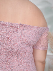 MONROE Off Shoulder Romantic Pink Lace Ruffle Hem Dress